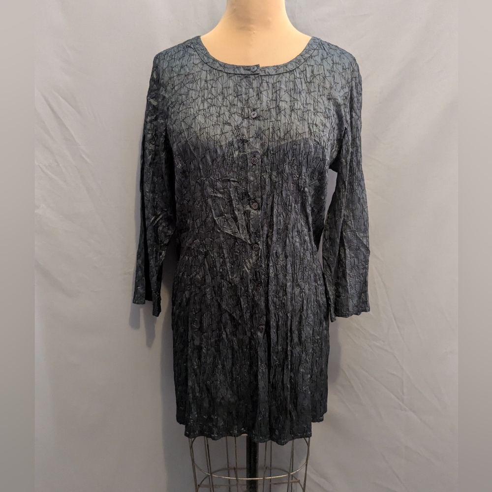 EILEEN FISHER  Textured Crinkled Silk Navy Long Sleeve Tunic Top Blouse LARGE